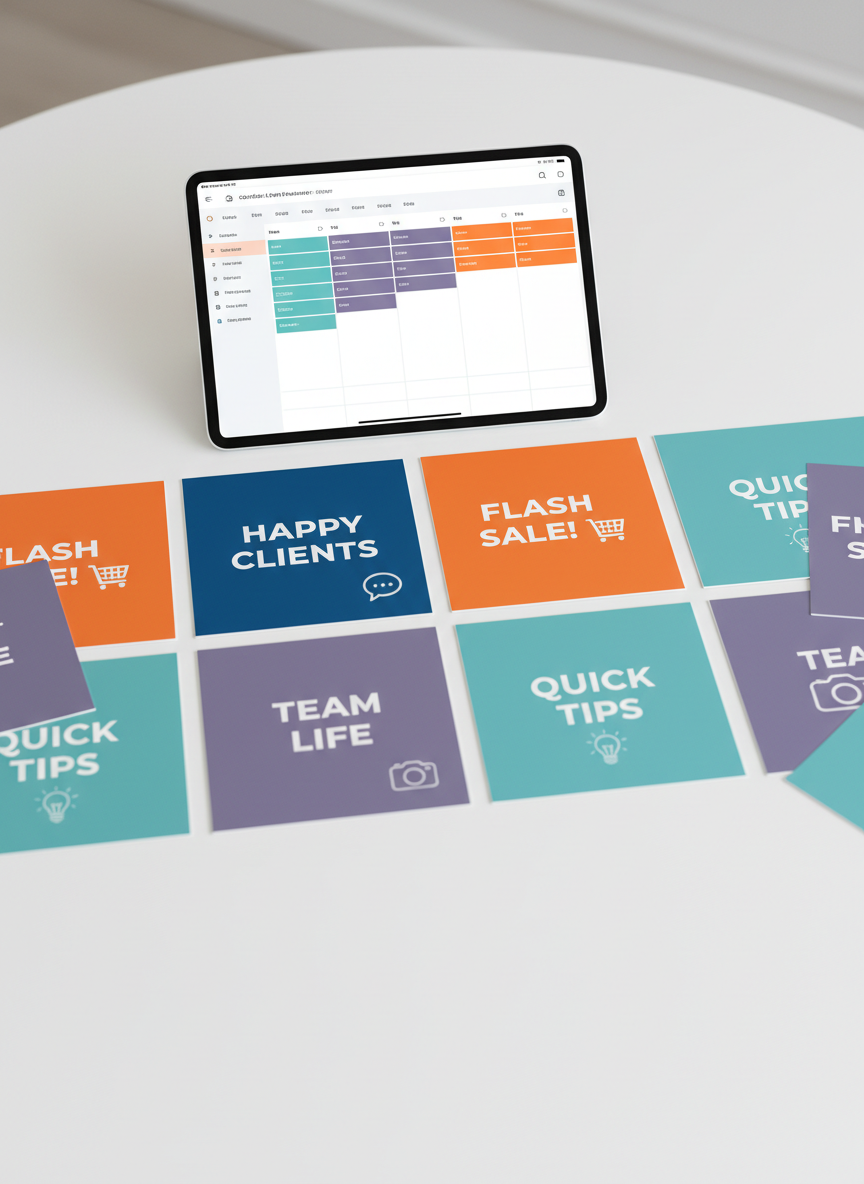 A close-up, overhead view of a series of square mockup posts laid out on a smooth white tabletop, each tile featuring bold headlines, brand colors, and simple icons representing different types of content: testimonials, promotions, educational tips, and behind-the-scenes. A slim silver tablet rests at the top edge of the arrangement, showing a grid-based content planner. Diffused, bright studio lighting eliminates harsh shadows, creating a clean, high-end look. The composition uses rule of thirds, with the most vibrant posts near the center and edges gently fading out of focus. The photographic realism and minimalist aesthetic emphasize clarity, planning, and a reliable content system for business pages.