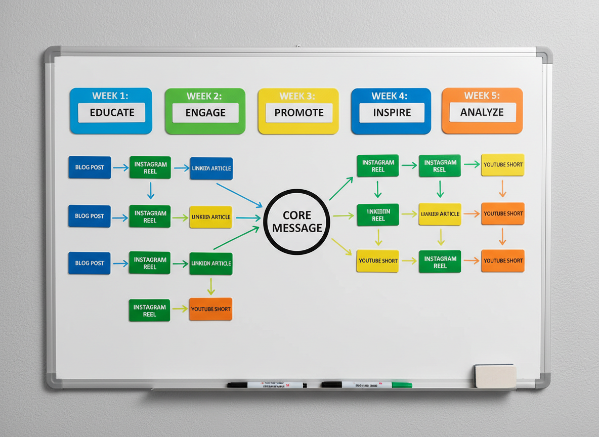 A large whiteboard mounted on a light gray wall, covered with a meticulously structured content strategy diagram: colored magnetic cards for different platforms, arrows indicating repurposing paths, and clearly labeled weekly themes running across the top. At the bottom edge of the frame, a slim ledge holds neatly arranged dry-erase markers and a small eraser. Bright, even office lighting creates a shadowless, high-clarity scene, making every word and symbol easily readable. Shot straight-on with balanced framing, the image feels precise and systematic. The photographic realism, combined with a clean and professional aesthetic, visually communicates how scattered ideas are turned into a repeatable, easy-to-follow content system for businesses that struggle to show up online.