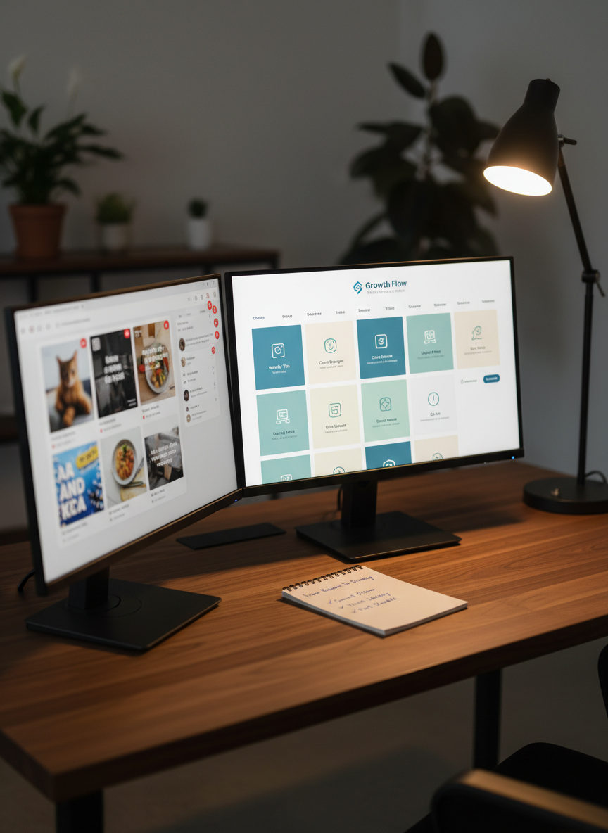 A dual-screen desktop setup on a tidy walnut desk, the left monitor showing a chaotic, unorganized social media feed while the right monitor displays a transformed, cohesive content grid with clear branding and scheduled posts. Between the monitors, a small notepad is open to a simple checklist titled “From Random to Strategy.” Soft, directional lighting from a desk lamp to the right casts a warm glow, emphasizing the right-side screen and leaving the left slightly dimmer. Captured from a three-quarter angle at desk height, the composition uses contrast to highlight before-and-after improvement. The photographic style is realistic and polished, visually reinforcing the idea of turning scattered content into a consistent system that attracts customers.