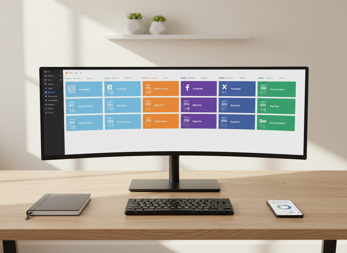 A sleek, modern workspace showcasing a large ultra-wide monitor filled with a clean social media content calendar, each post represented by colorful tiles labeled with dates and platforms. The monitor sits on a light oak desk with a matte black keyboard, closed notebook, and a neatly aligned smartphone showing analytics charts. Soft daylight from an unseen window to the left creates gentle reflections on the screen and subtle shadows on the desk. Shot at eye level with a shallow depth of field, the background fades into a softly blurred neutral wall with a minimalist plant shelf. The photographic style is crisp, professional, and contemporary, conveying organization, consistency, and strategic digital marketing.