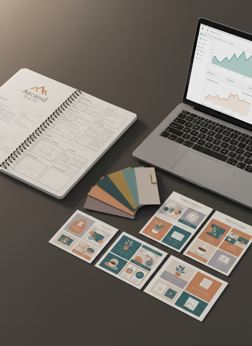 An organized collection of branded materials spread across a matte charcoal desk: a logo-marked notebook open to a page of neatly sketched content ideas, color swatches aligned in a fan, and printed mockups of social media feeds showing consistent layouts and recurring themes. A minimalist laptop displays an analytics dashboard with rising graphs and engagement metrics. Soft, warm overhead lighting casts gentle shadows, creating depth without clutter. Shot from a slightly elevated angle, the scene has sharp focus across the entire frame. The overall mood is confident and methodical, with a photographic, clean, and modern style that reflects professional digital marketing strategy and reliable online presence building.