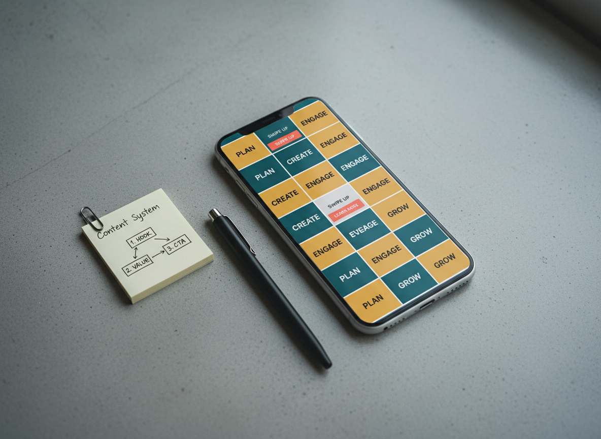 A smartphone resting on a smooth concrete surface, its screen displaying a polished Instagram grid where every post aligns in a cohesive pattern: alternating brand colors, recurring typography, and strategic call-to-action tiles. Beside the phone sits a slim black pen and a small, minimal sticky note labeled “Content System” with a simple three-step diagram. Cool, diffused window light from above right creates soft highlights on the phone’s metal edges and a delicate shadow beneath. Captured in close-up with a shallow depth of field, the background gradually blurs into textured concrete. The photographic style is sharp, urban, and modern, emphasizing transformation from random posts to a strategic, consistent content flow that attracts customers.